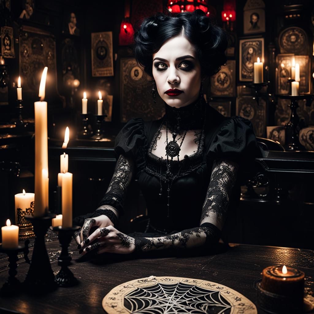 Gothic Model at Victorian Table in Monochrome Style