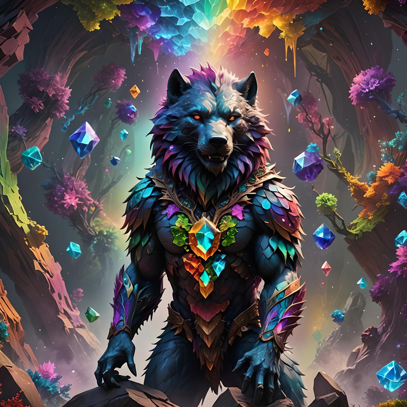 Rainbow Crystal Wolfman with Fractal Background