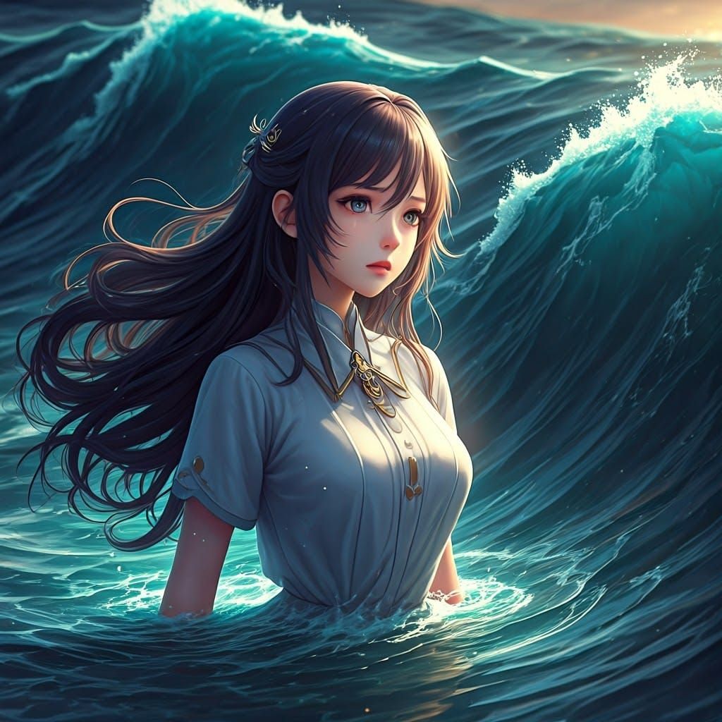 Young Woman Emerges from Turbulent Ocean in Vibrant 3D Anime...