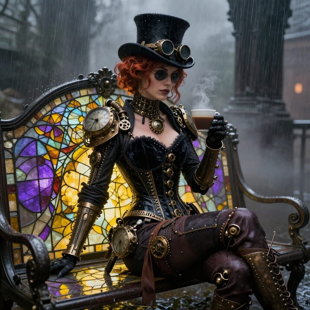 Steampunk Woman with Coffee on Stained Glass Bench