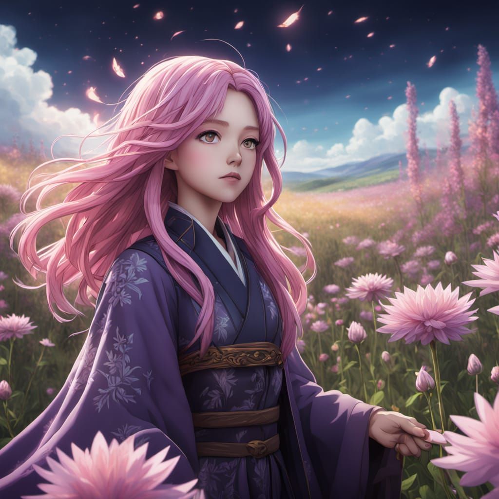 Anime Witch Casting Spell in Flower Field