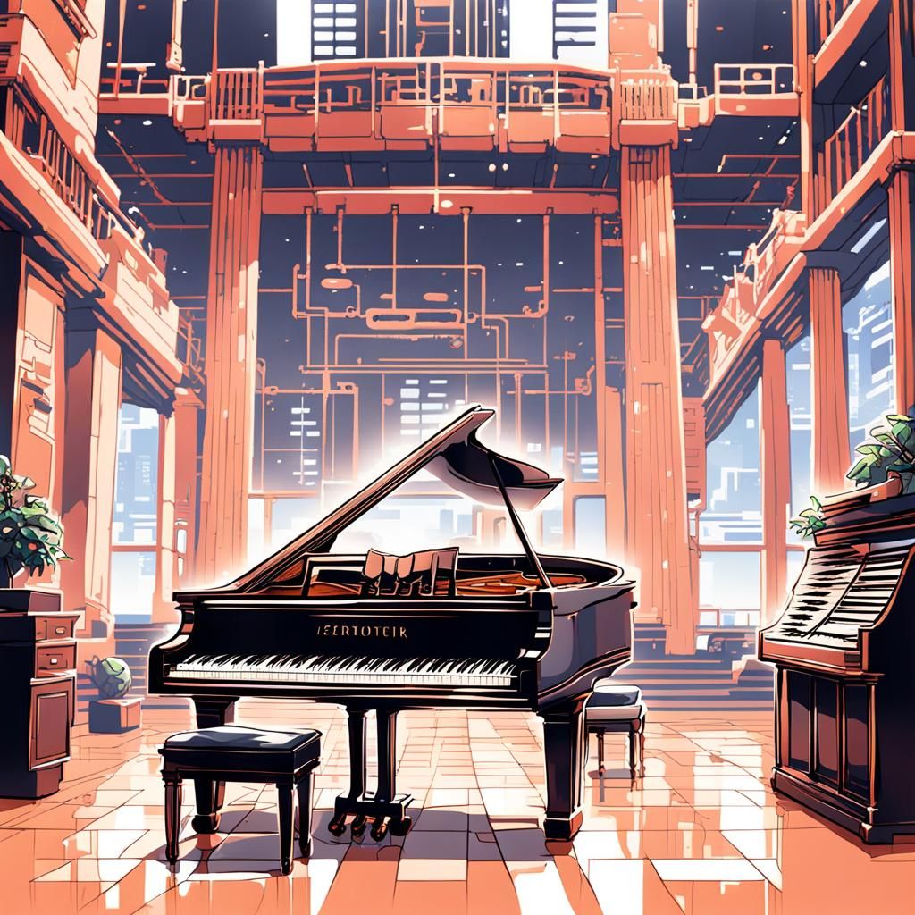 8-Bit Pixel Bedroom on Piano Keys in Anime Style