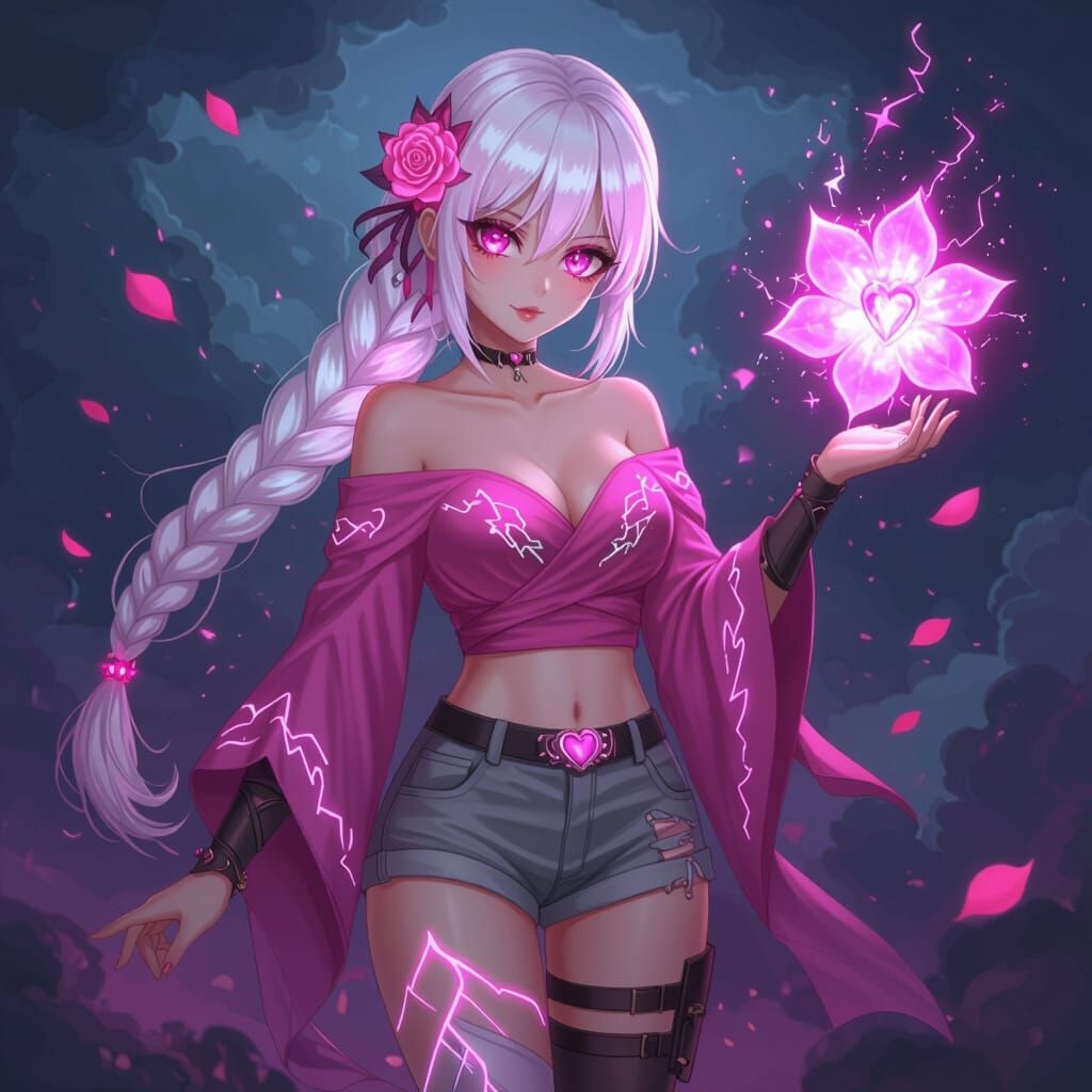 Anime Villain with Magical Weapon and Pink Lightning