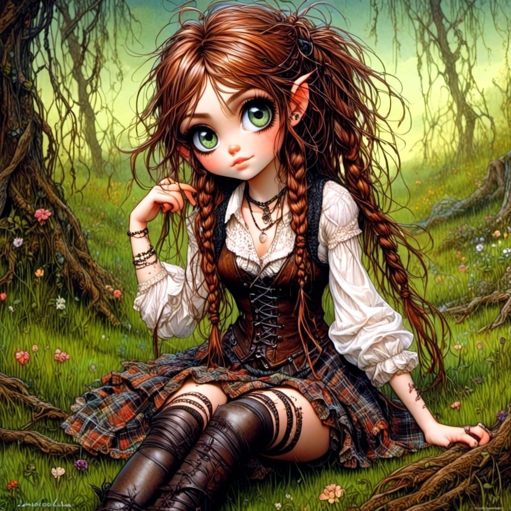 Highland Pixie with Auburn Hair in Oil Painting