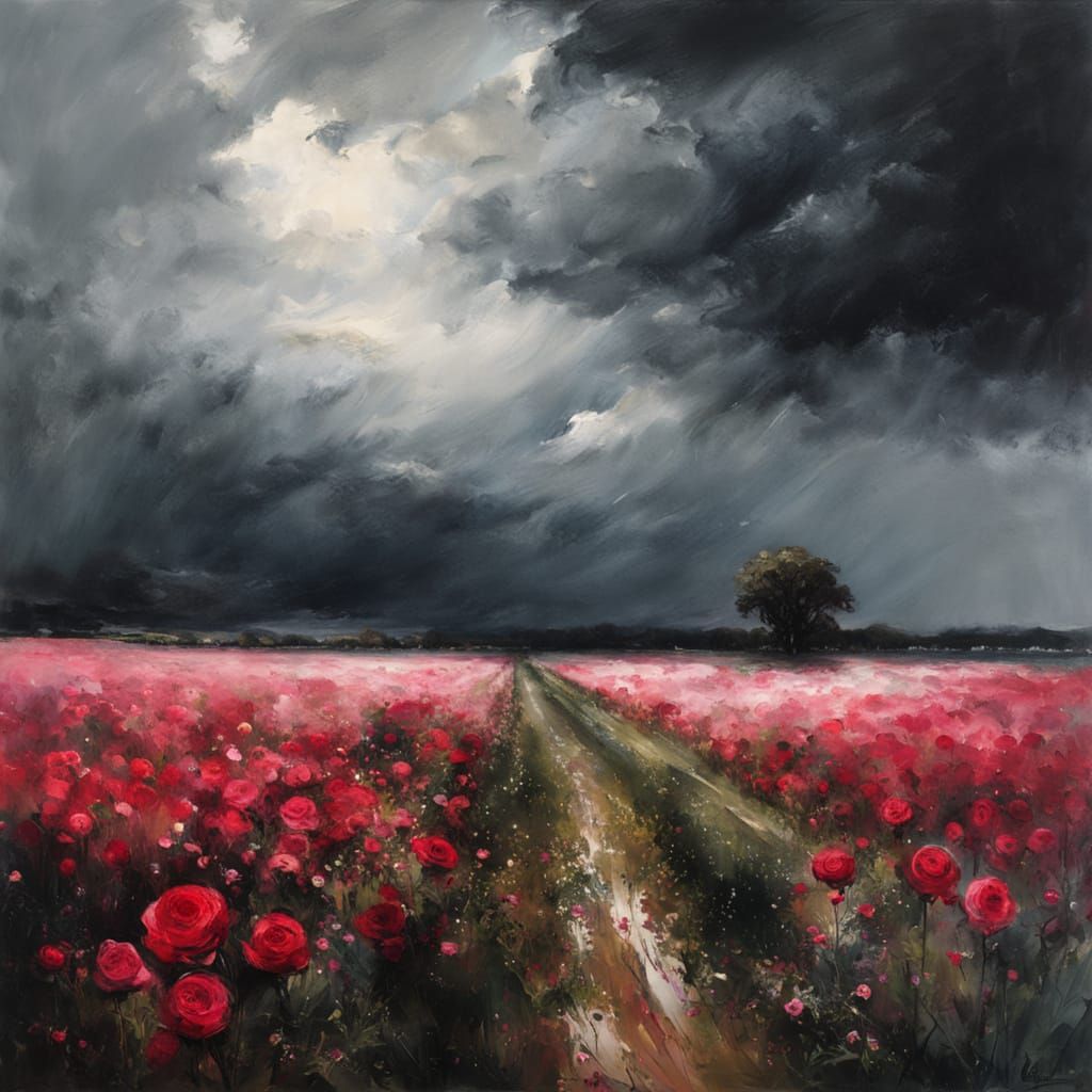 Stormy Sky Over Rose Field in Storybook Style