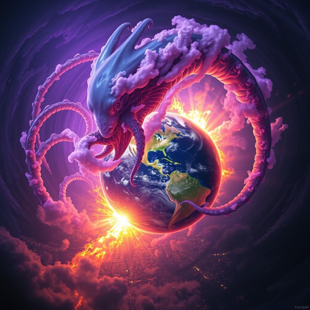 Ethereal Kraken Consumes Planet in Fiery Explosion