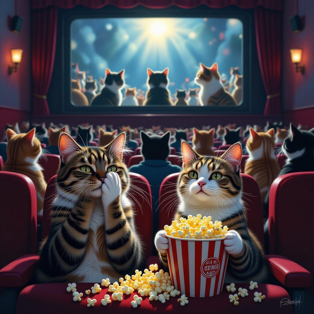 Cats Watch Movie in Crowded Theatre: Fantasy Concept Art