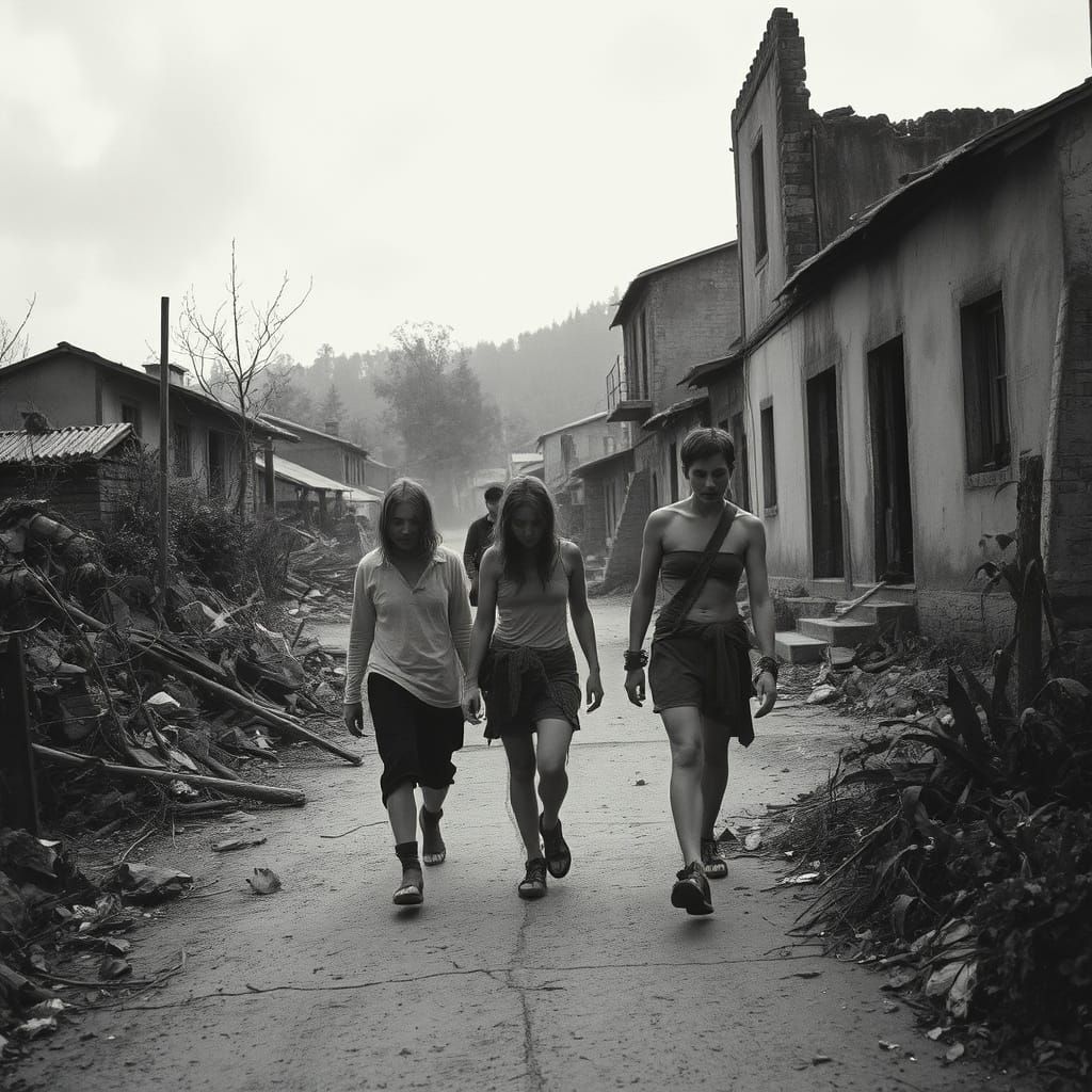 Bleak Abandoned Village Scene in Somber Photo Style