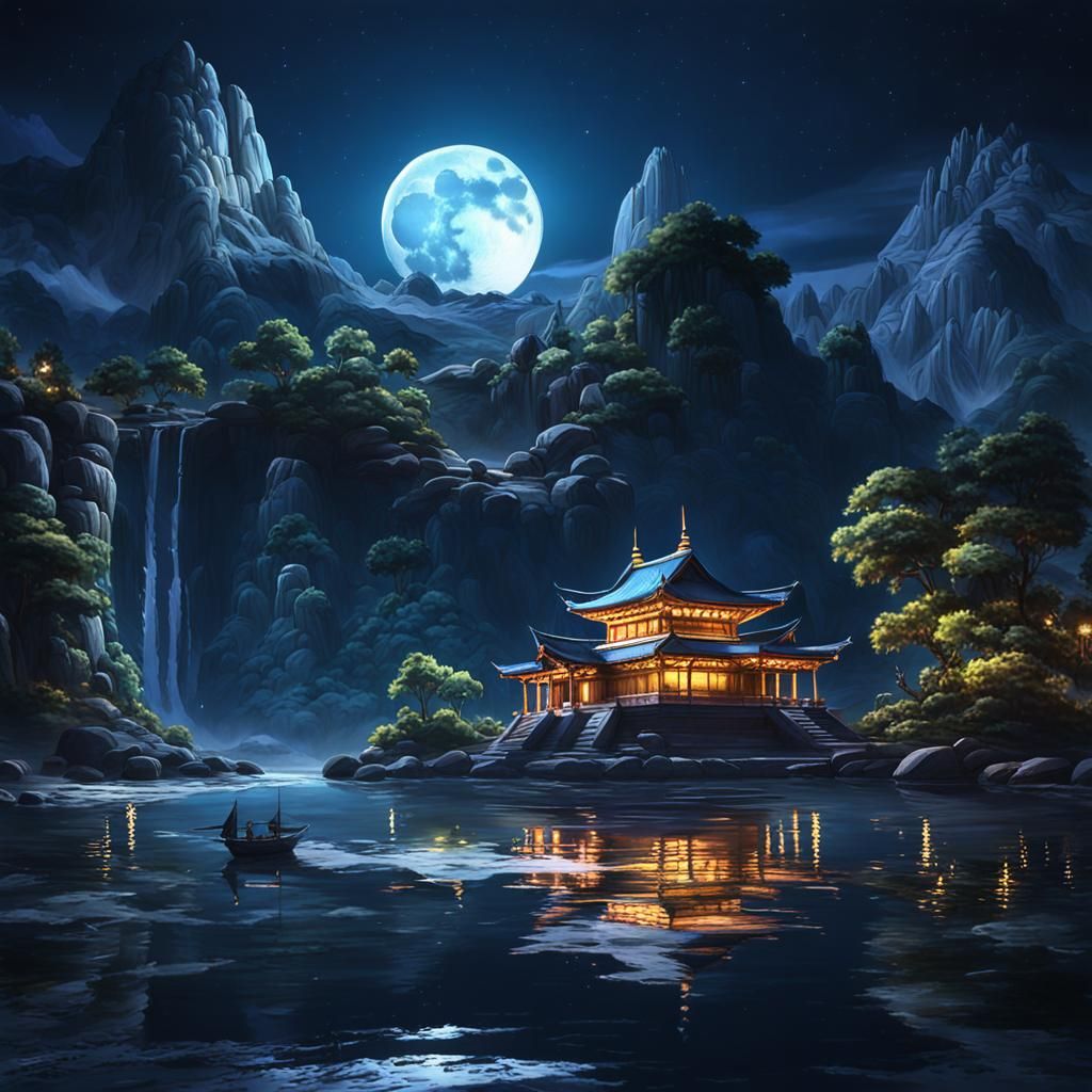 Watercolor Temple at Night with Full Moon