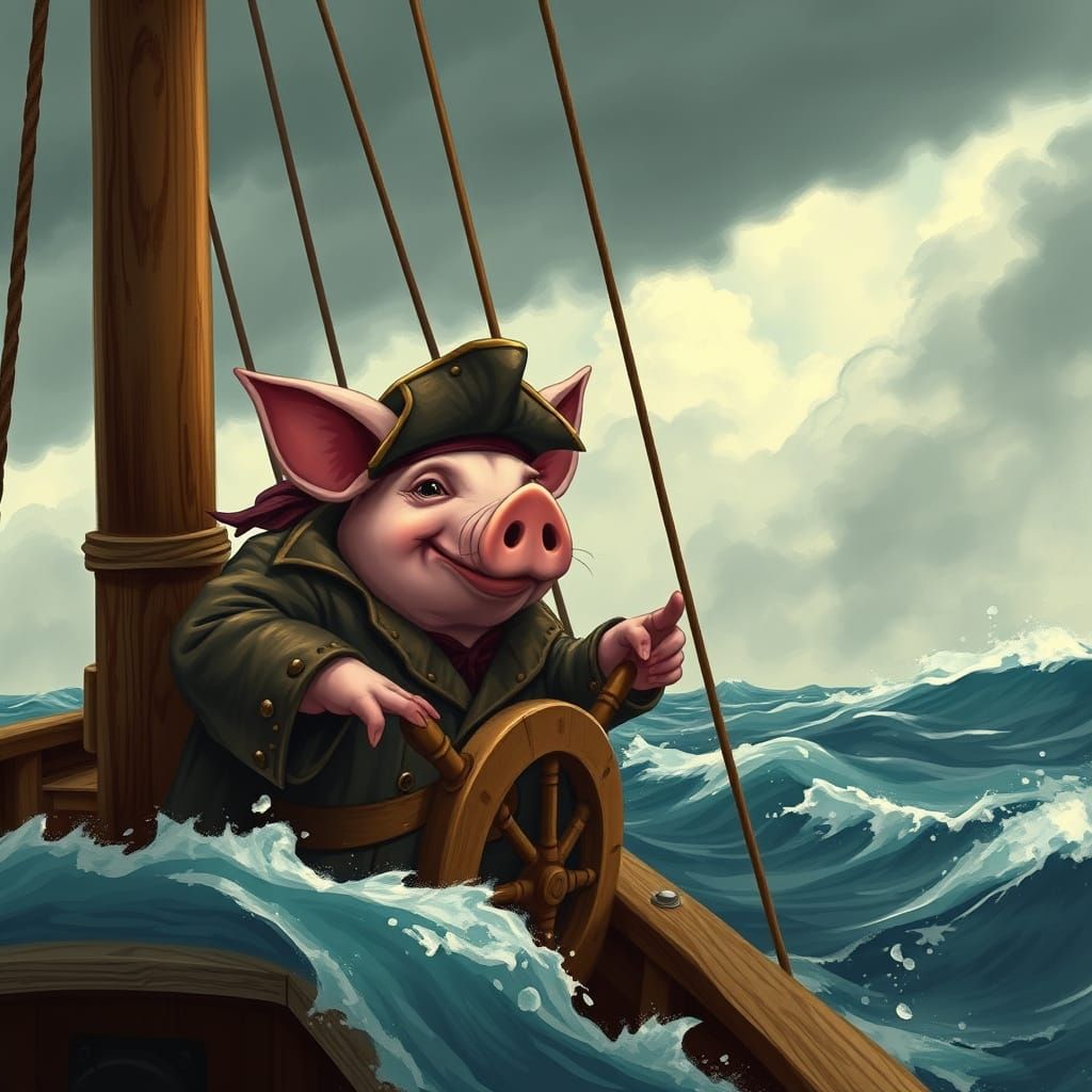 Pirate Pig Sailing Stormy Seas, Concept Art Style