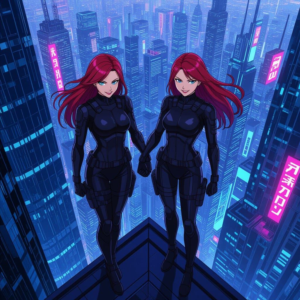 Anime Superheroines Defend Neon Cityscape