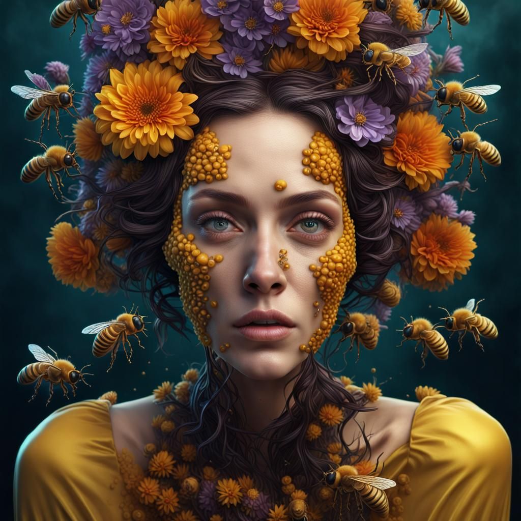 Surreal Woman with Flowers and Bees, Detailed Matte Painting