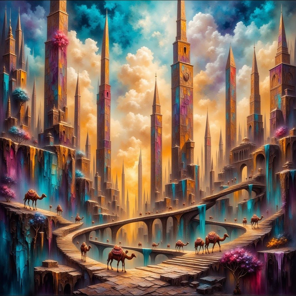 Fantastic Cityscape Mural with Futuristic Elements