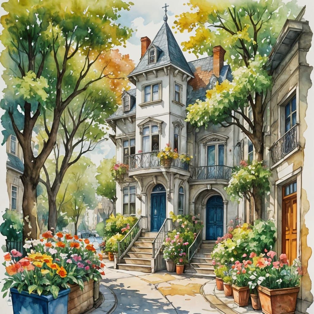 Charming Storybook Building with Whimsical Watercolor Illust...