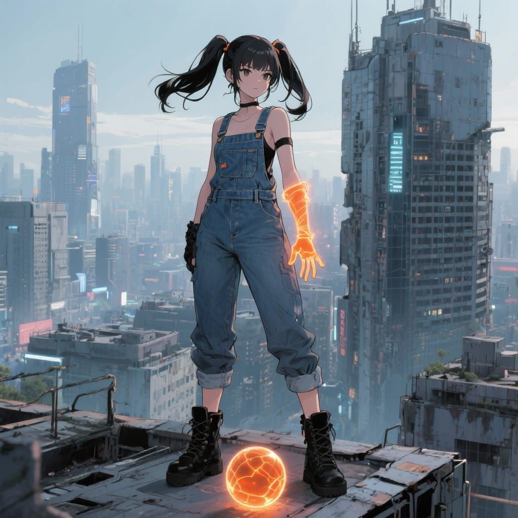 Sci-Fi Anime Woman Overlooking Megacity, Cyberpunk Comic Art