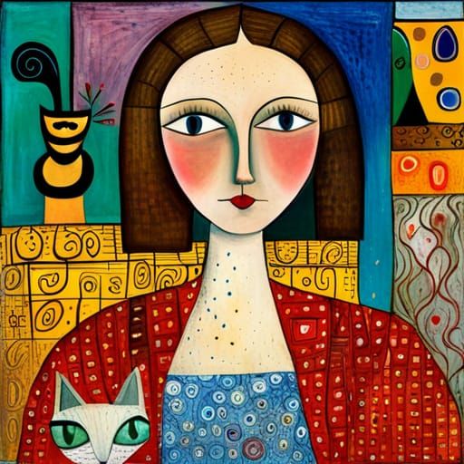 Girl and Cat in Modern Folk Art Style