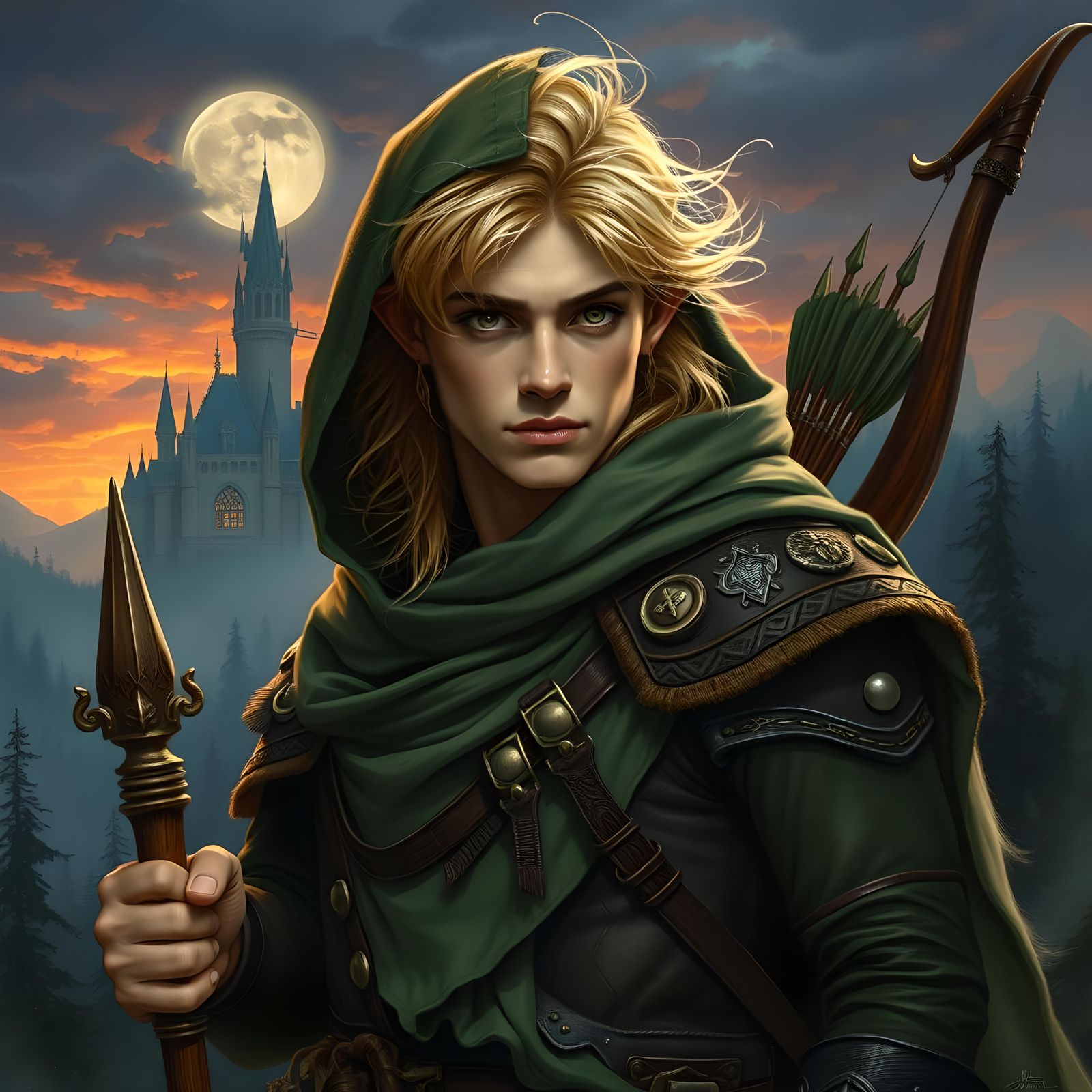 Blond Elf in Forest at Twilight