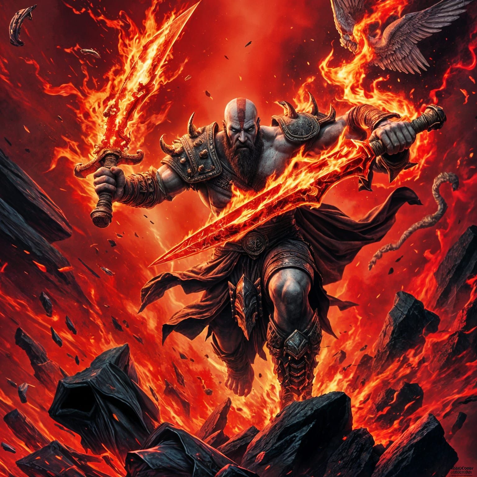 God of war storming through Hell, his sword is aflame