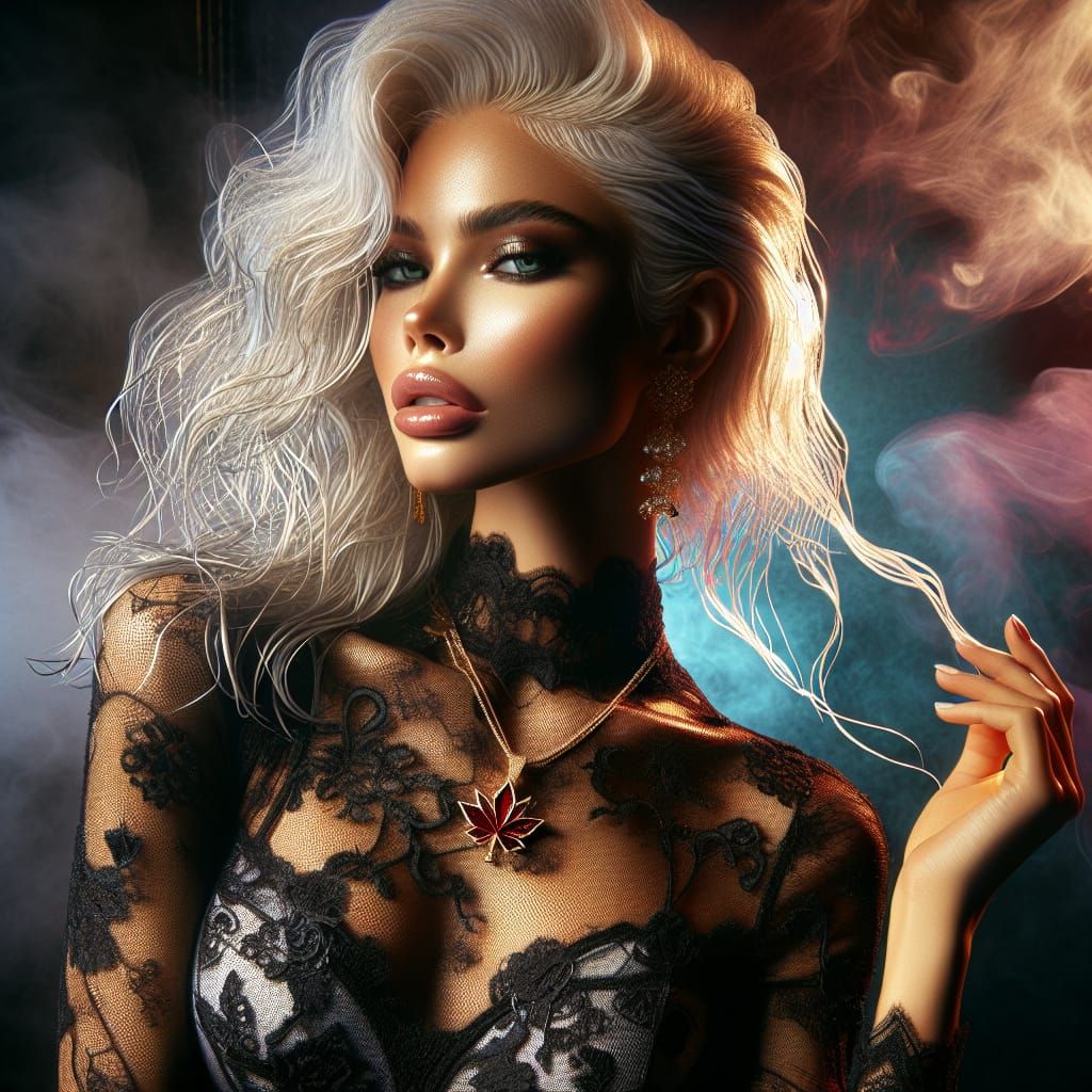Platinum Blonde Woman in Lace Dress, Hyperrealistic Art