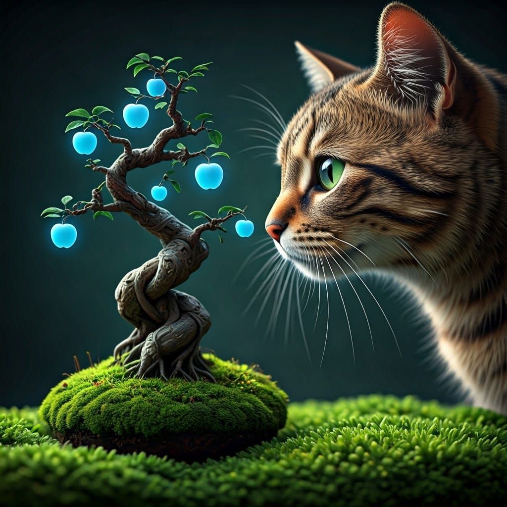 Bonsai Tree with Glowing Apples and Cat