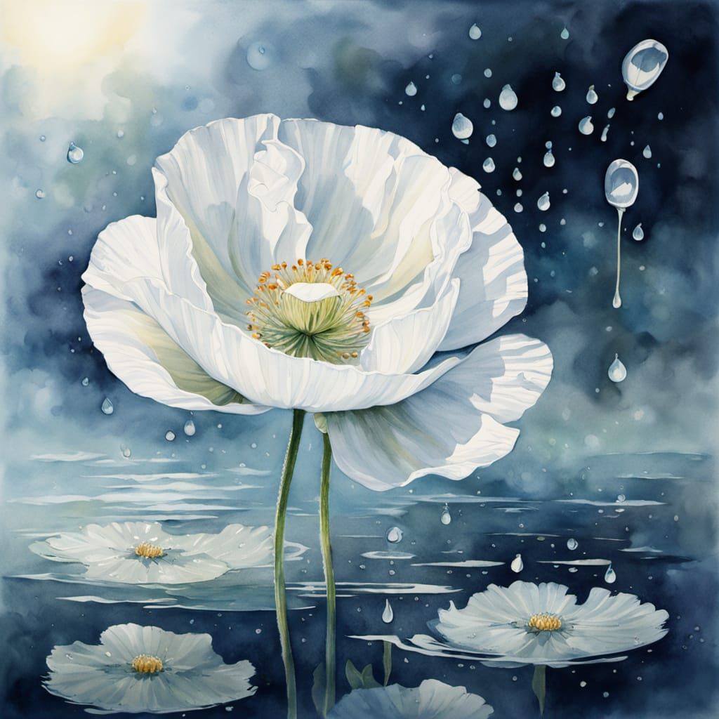 Ethereal Watercolor Poppy on Calm Water