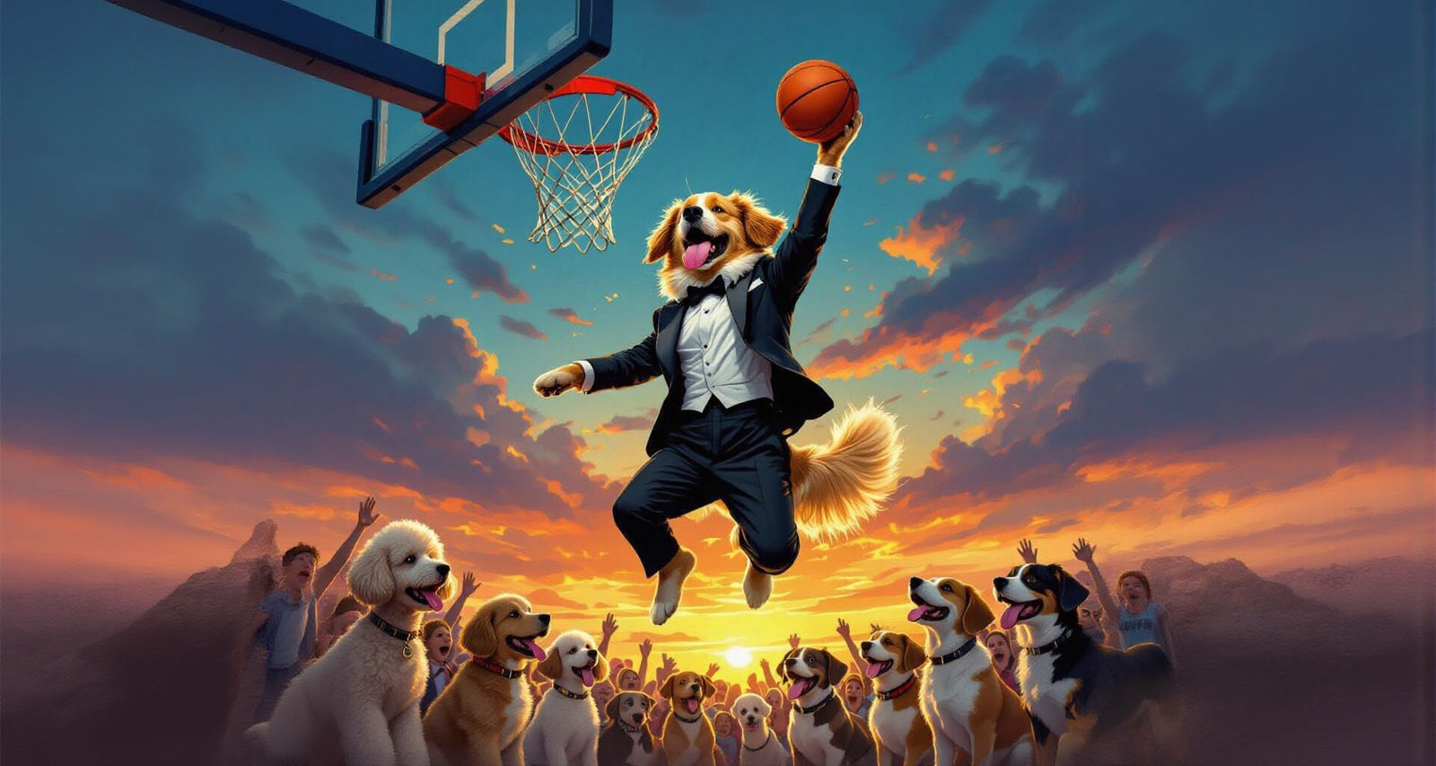 Golden Retriever Dunks in Tuxedo with Epic Dog Background