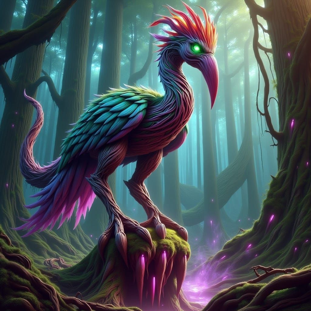 Iridescent Ent Bird Hybrid in Mystical Forest