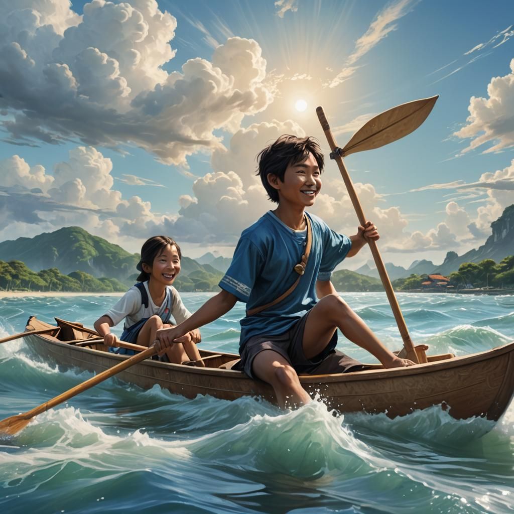 Happy Children Canoeing on Singapore Beach: Fantasy Art