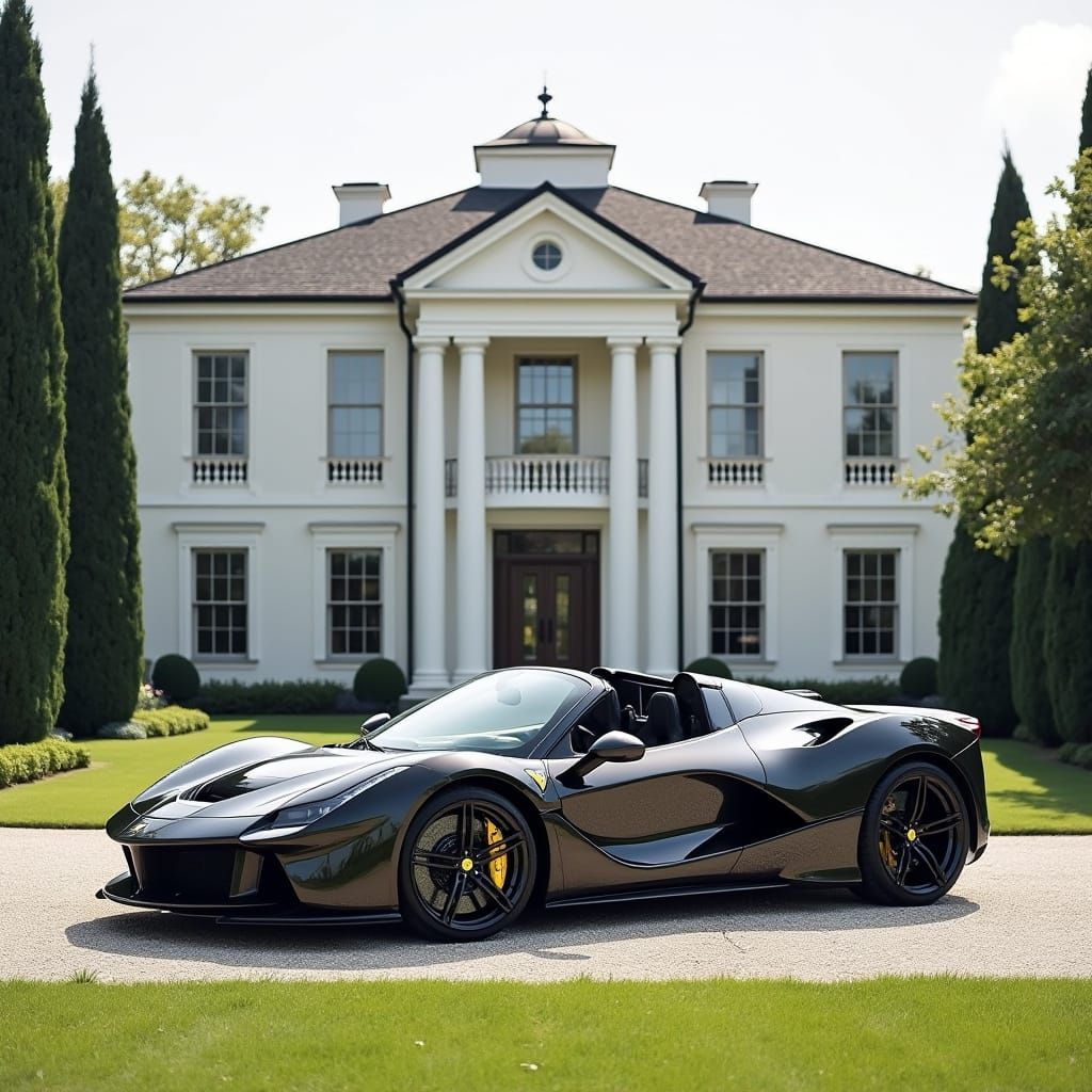 Luxury Sports Car Parked at White Mansion