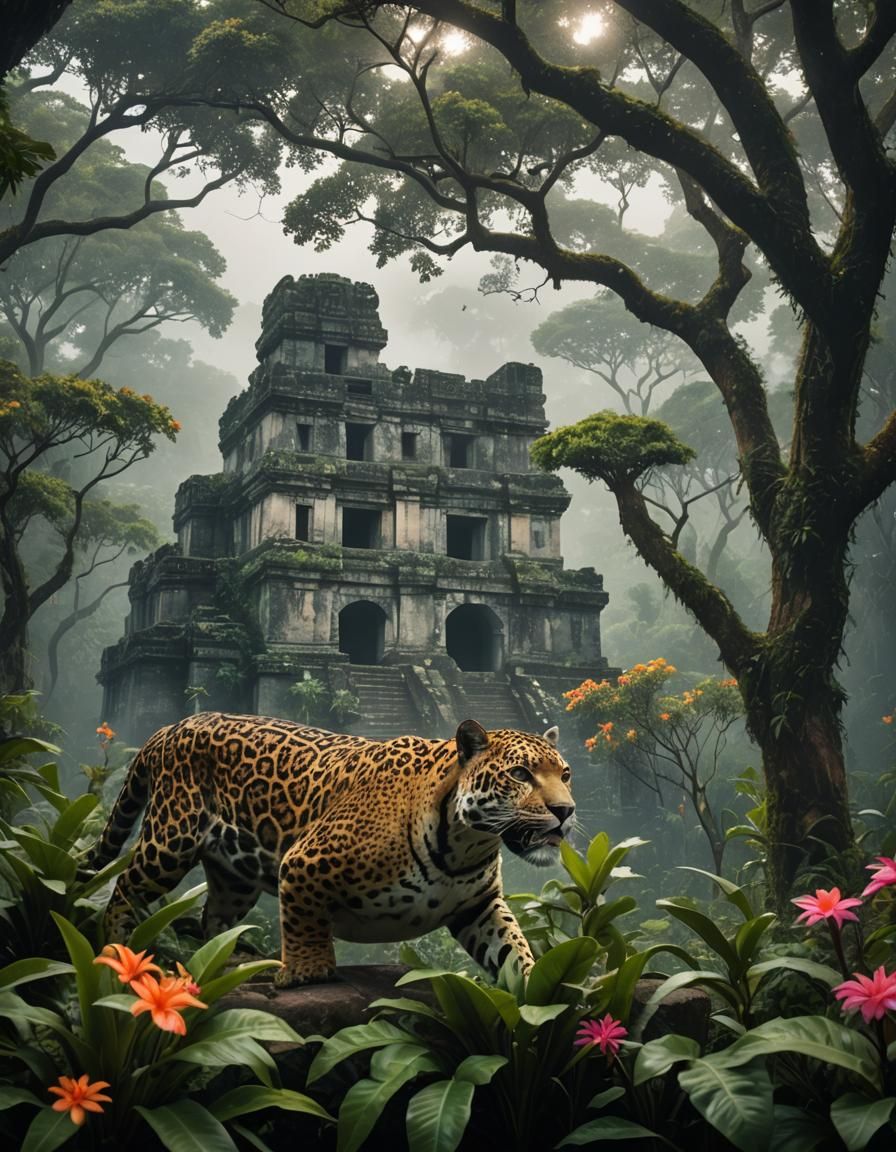 Photorealistic Mayan Ruins with Roaring Jaguar