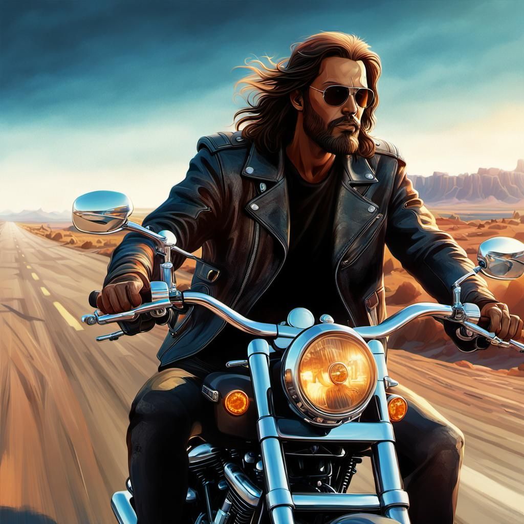 Jesus Rides Harley in Desert: Fantasy Concept Art