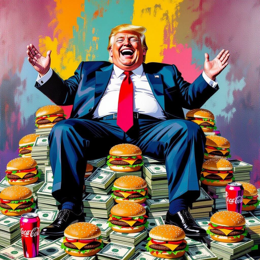 Pop Art Pile of Money with Man and Food