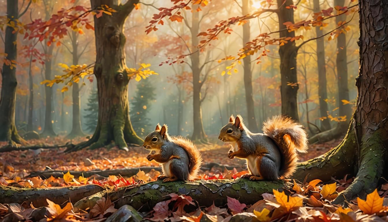 Autumn Forest Fantasy Landscape in Watercolor Style