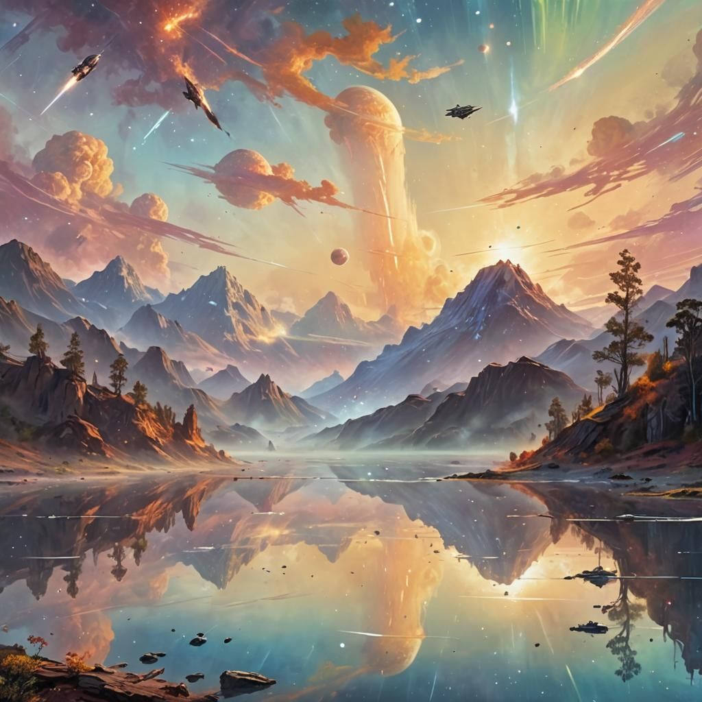 Spaceships Soaring Through Nebula: Sci-Fi Oil Painting