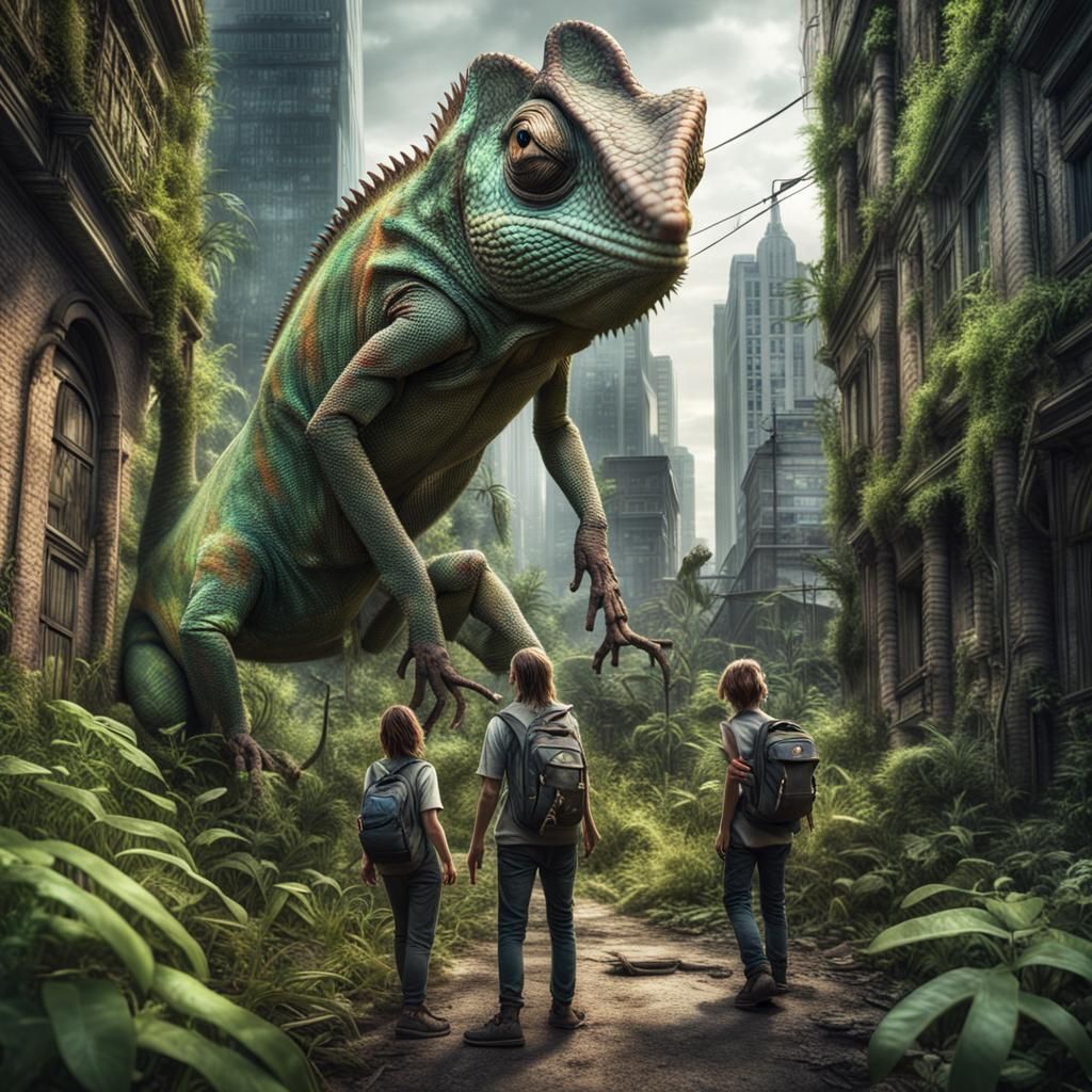Giant Chameleon Encounter in Overgrown City Ruins