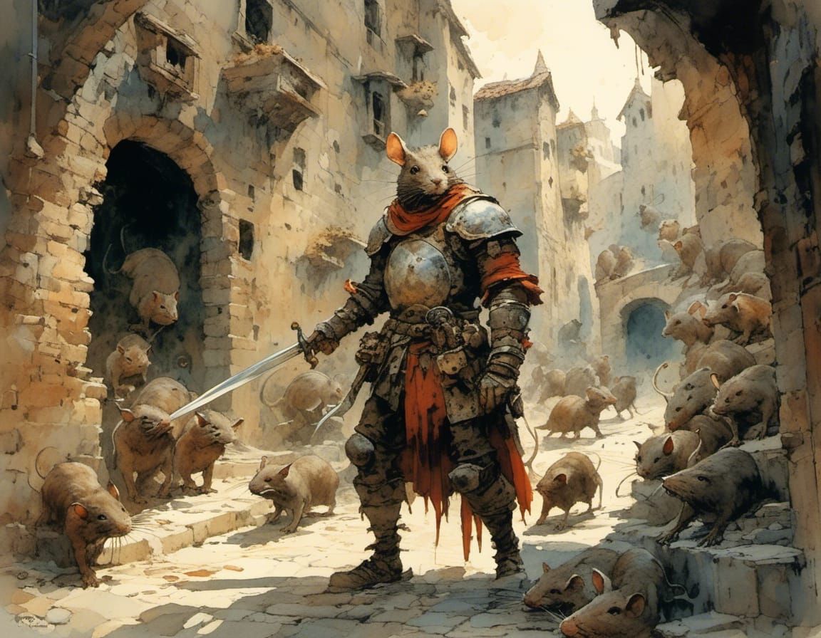 Warrior Confronts Giant Rats in Watercolor Fantasy Art