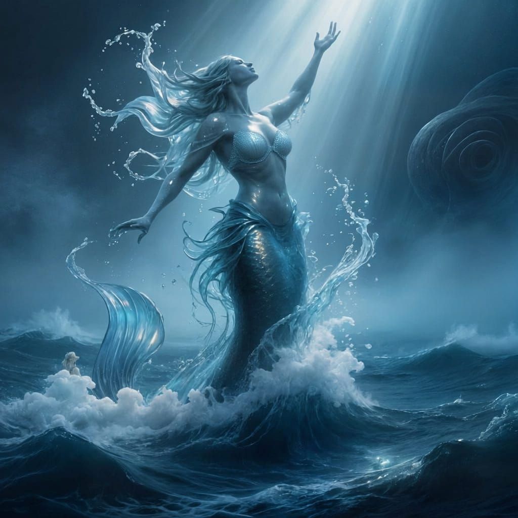 Siren Made of Water Splashes Above Ocean