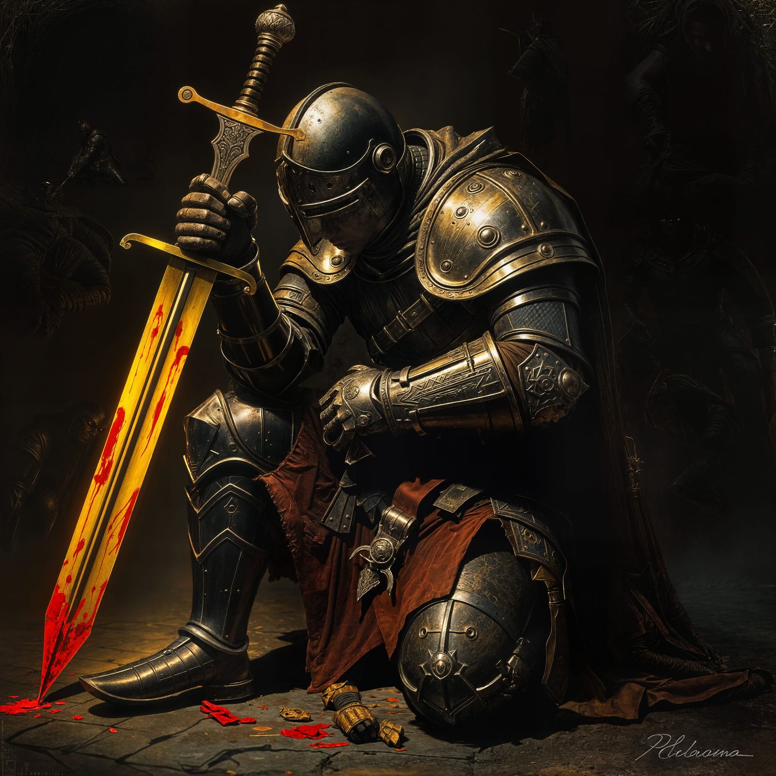 Dark Knight Kneeling with Bloody Sword in Hyperrealism