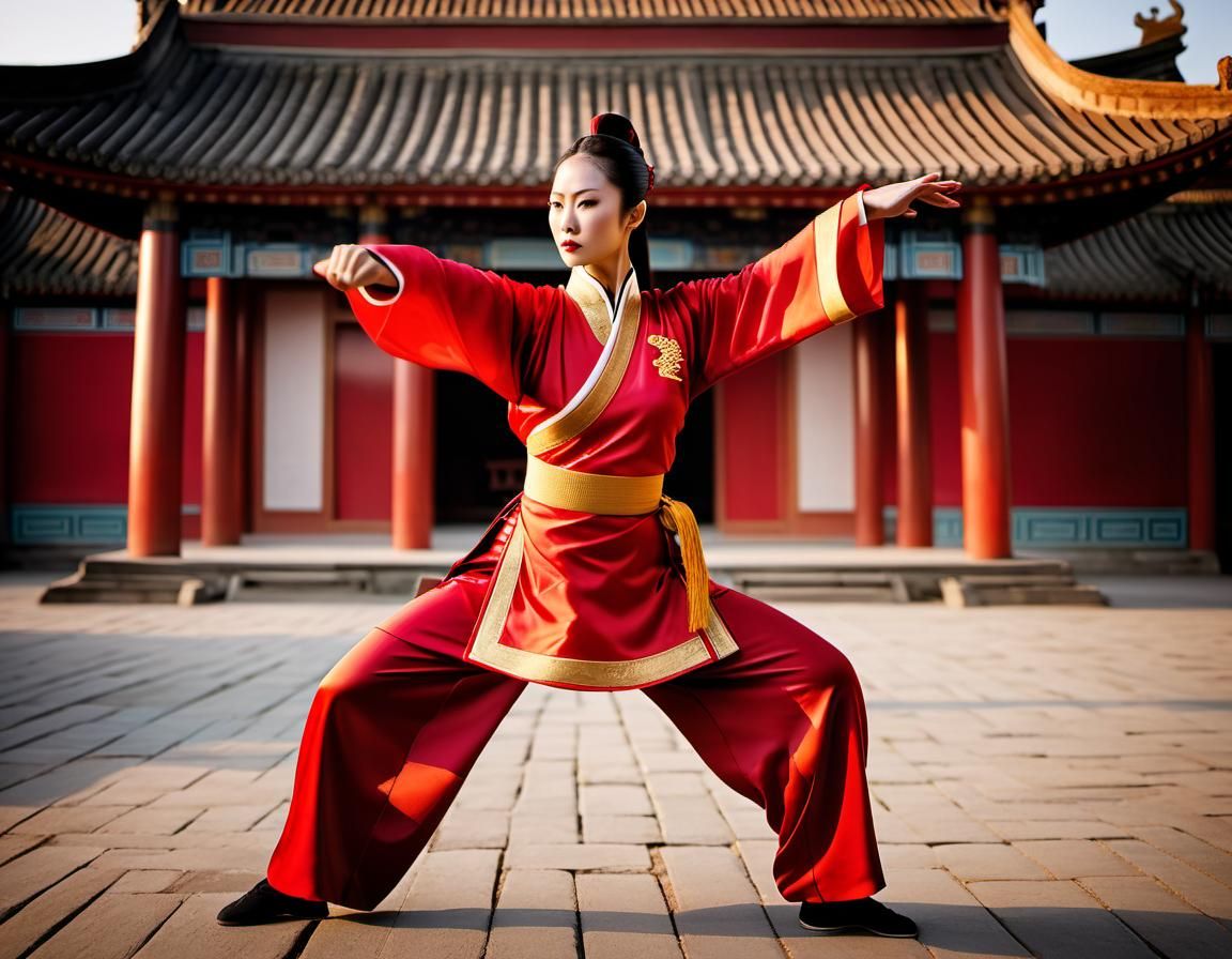 Dynamic Wushu Warrior in Ancient Chinese Temple