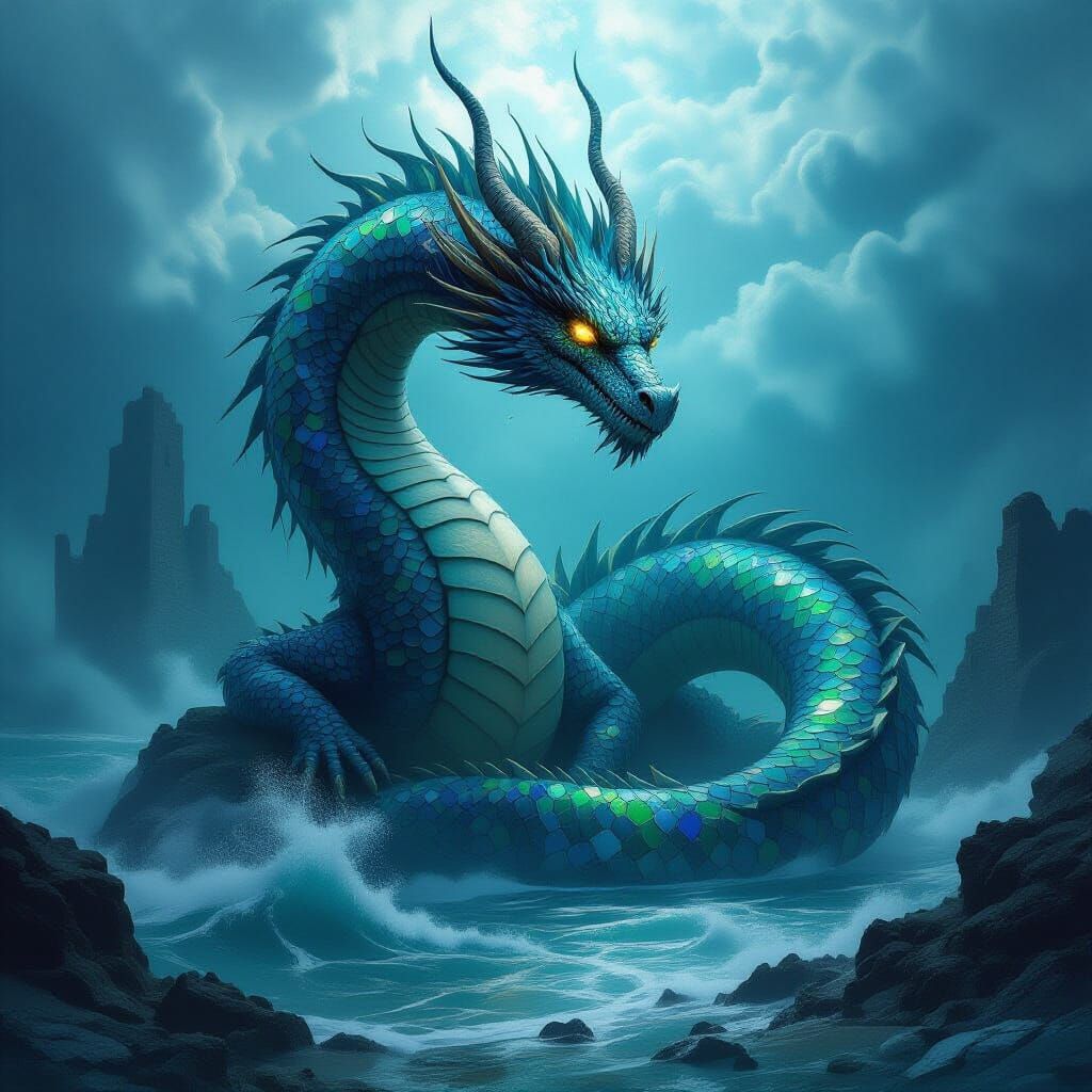 Ancient Dragon on Island in Moody Dark Fantasy Style