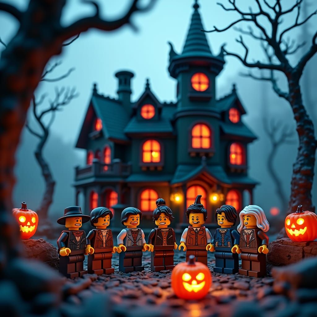 LEGO Minifigures at Haunted Mansion in Whimsical Style