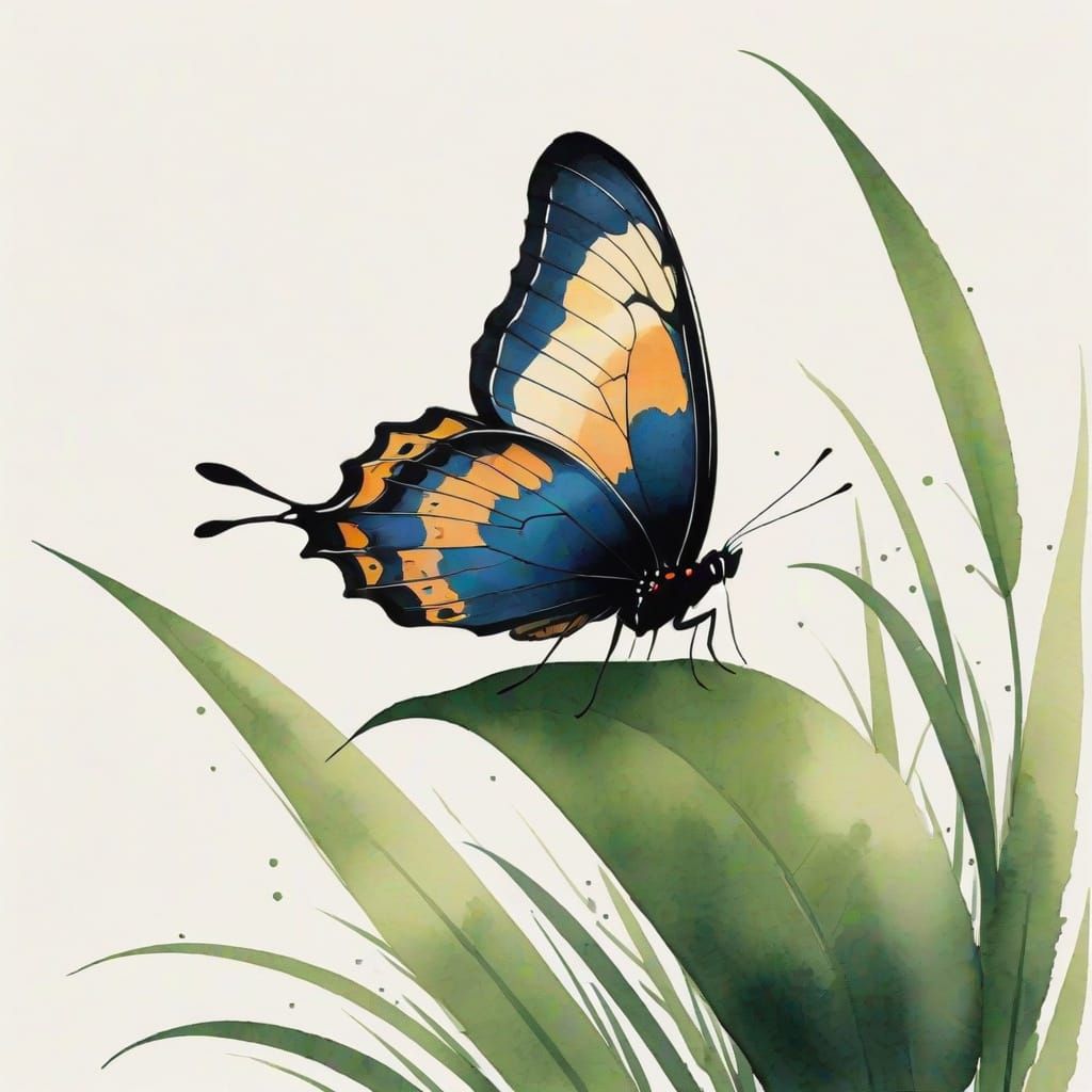 Elegant Butterfly in Profile on a Green Leaf Minimalist Ink ...