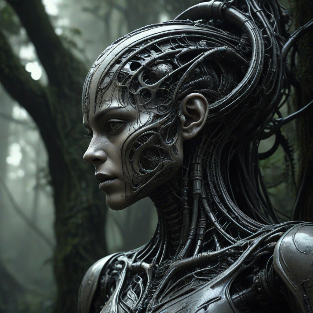 Surrealist Biomechanical Goddess Entwined in Jungle Vines