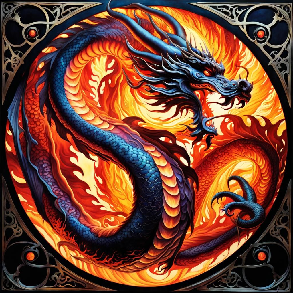 Fiery Circular Chinese Dragon in Watercolor Art Nouveau