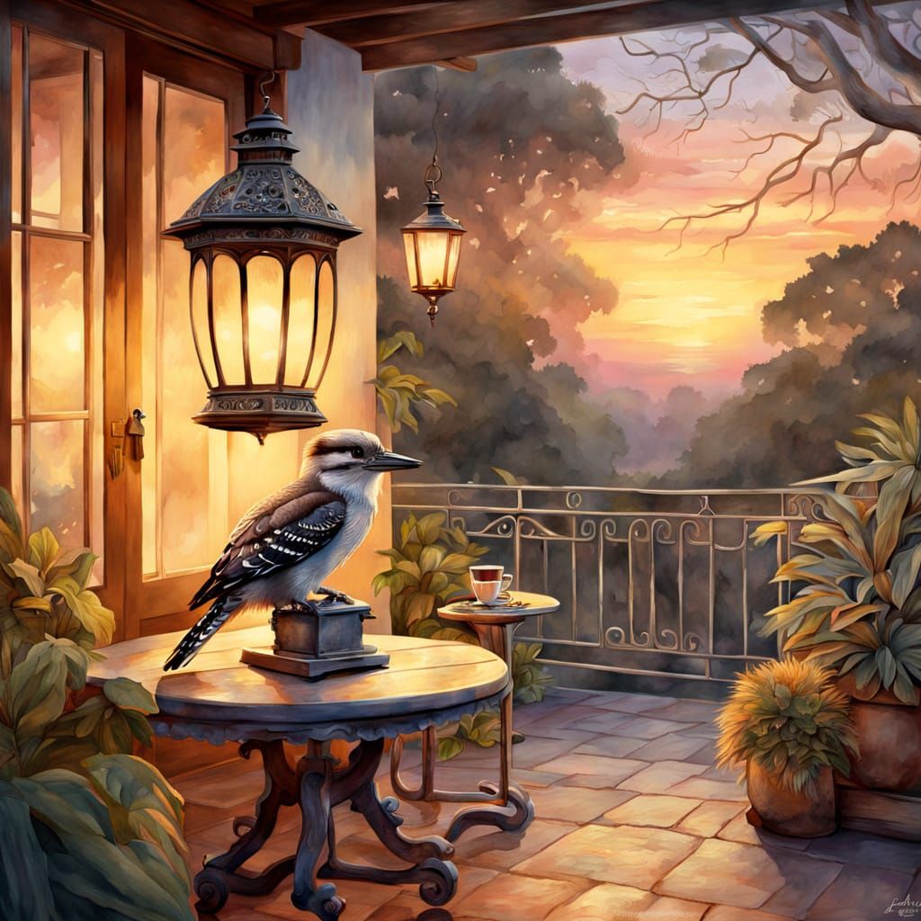 Kookaburra Visits Cozy Terrace at Sunset in Watercolor