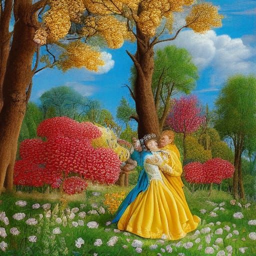 Dreamlike Medieval Dance in a Vibrant Spring Meadow