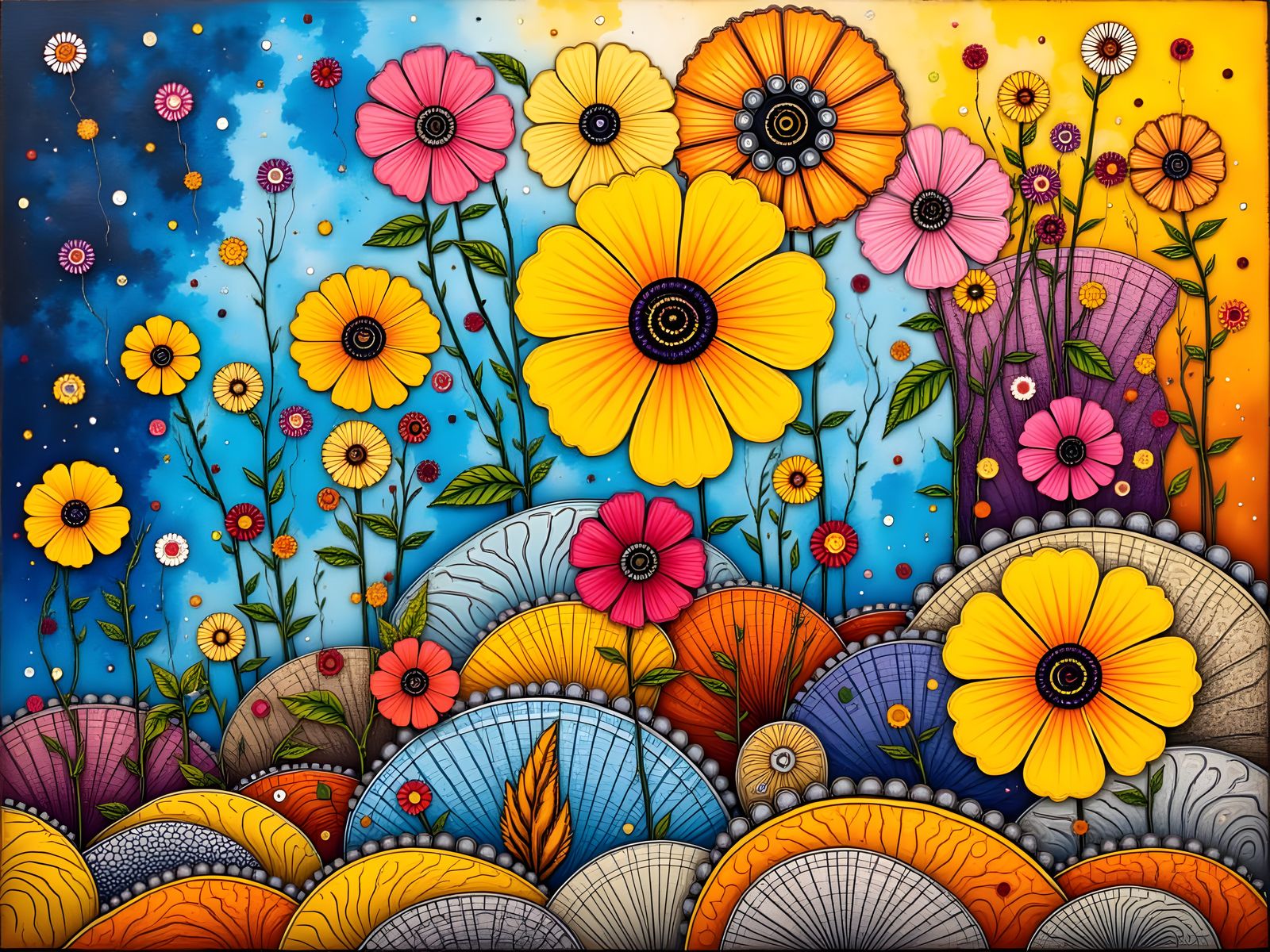 Whimsical Floral Wonderland in Mixed Media Style