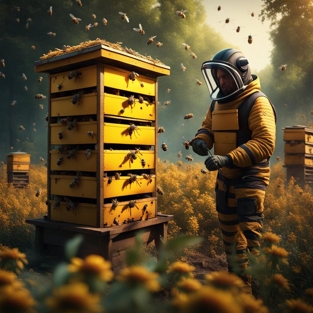 Bee Apiary Under Attack by Hornets: Detailed Matte Painting