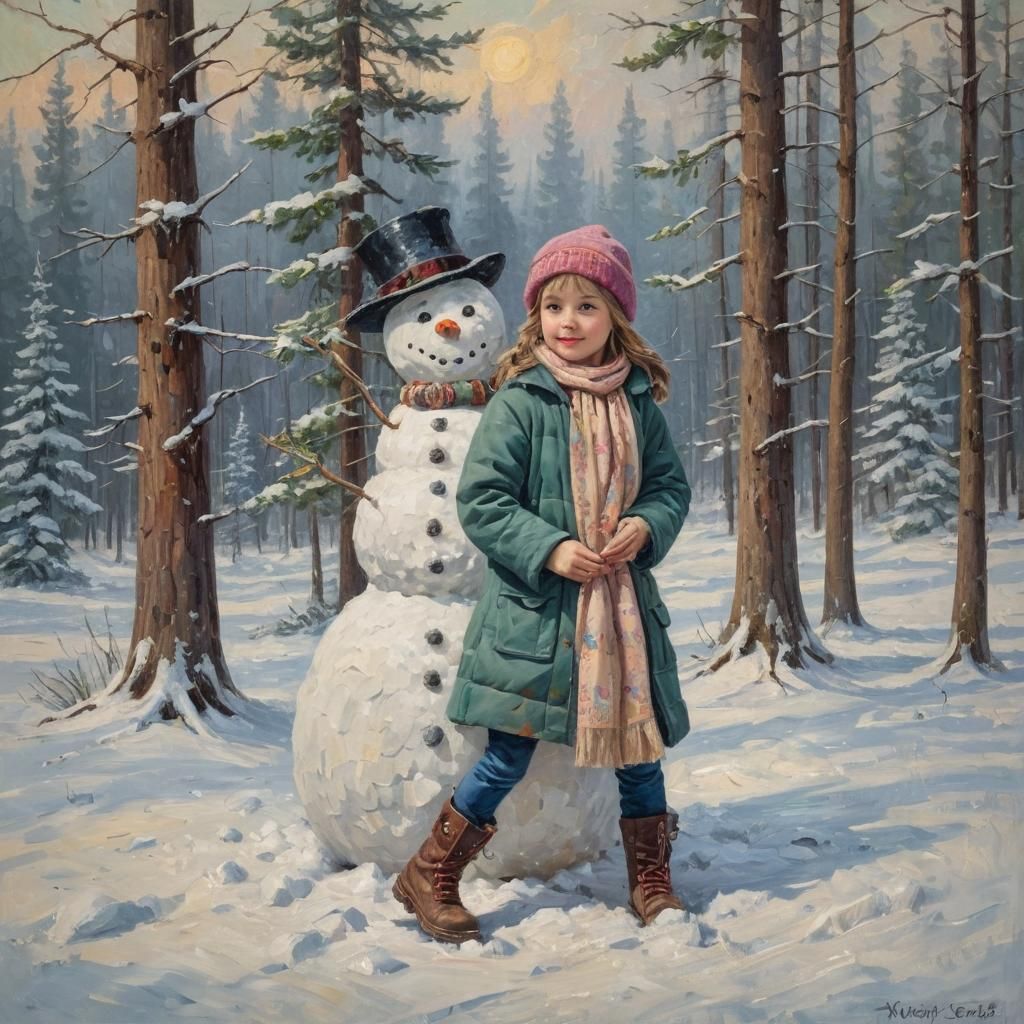 Girl Building Impasto Snowman in Winter Landscape