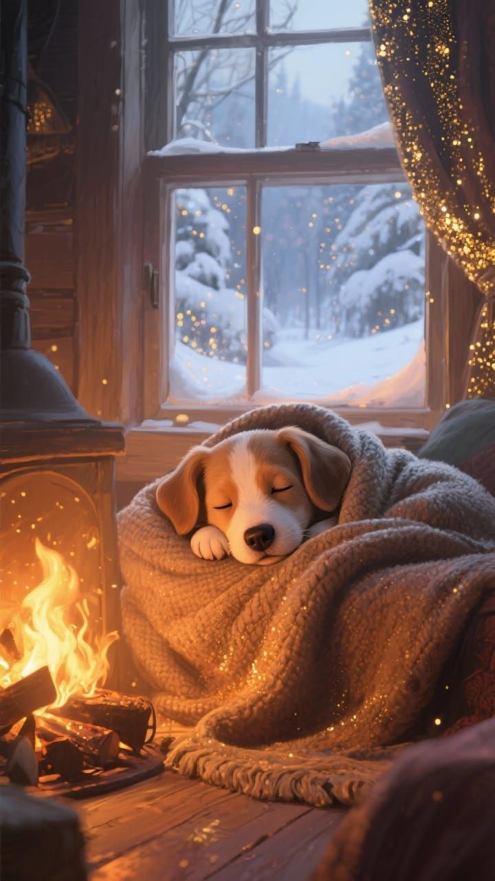 Cute Puppy Napping by Cozy Fireplace